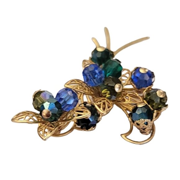 Gold Tone Blue Aurora Borealis Filigree Flower Bunch Brooch K550 - Picture 3 of 8